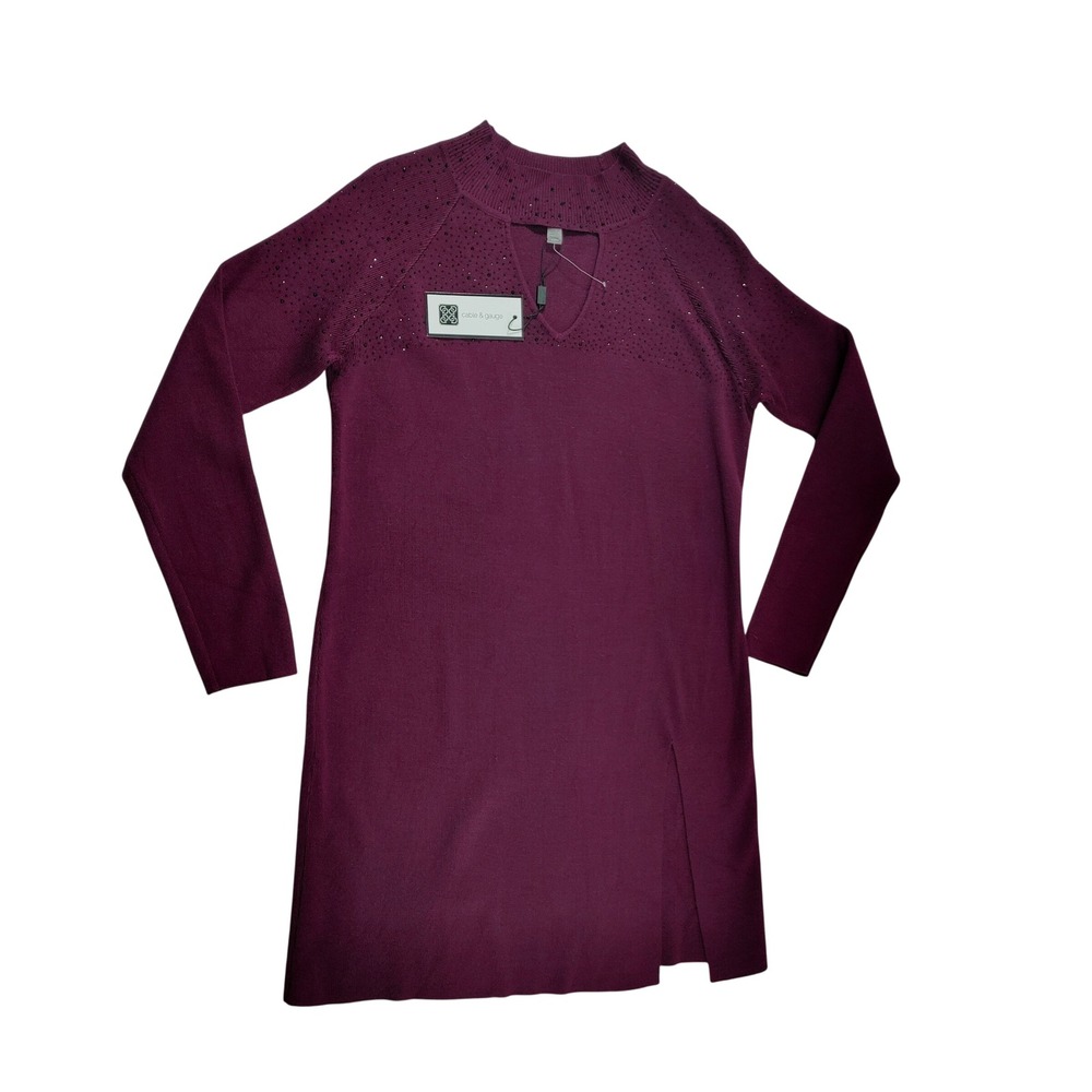 Cable & Gauge Plum Purple Mock Neck Keyhole Rhinestone‎ Tunic Sweater Size M